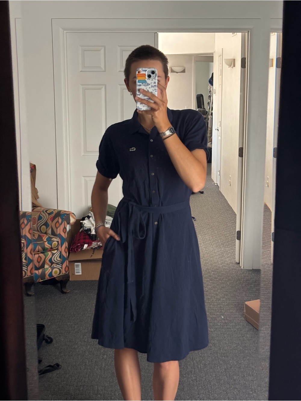 Lacoste Navy Button-Front Shirt Dress with Tie Waist